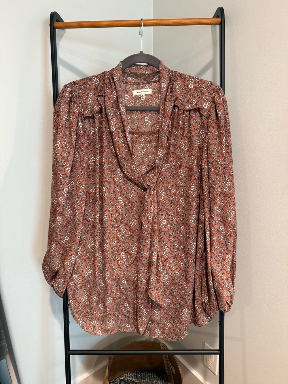 Max Studio Rust Floral Tie-Neck Blouse